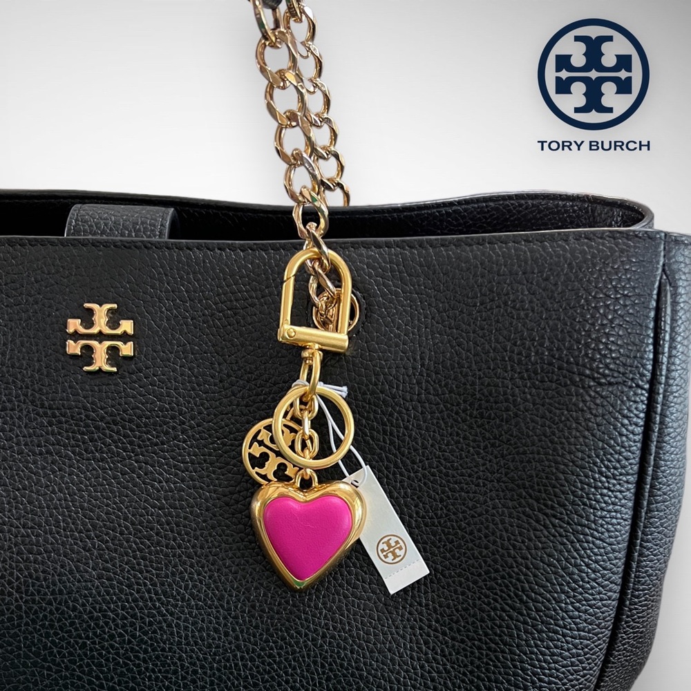 NWT Tory Burch Napa Leather / Brass Logo Heart Key Fob in Pink / Gold